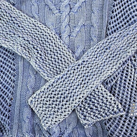 ECI New York Cotton Cable Knit Sweater Blue Textured Pullover XL Boho - Picture 6 of 9